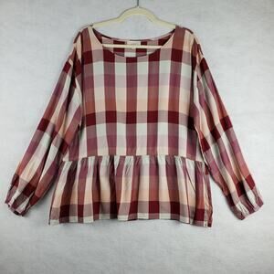 LOFT Plaid Peplum Blouse in Burgundy, Cream, Pink